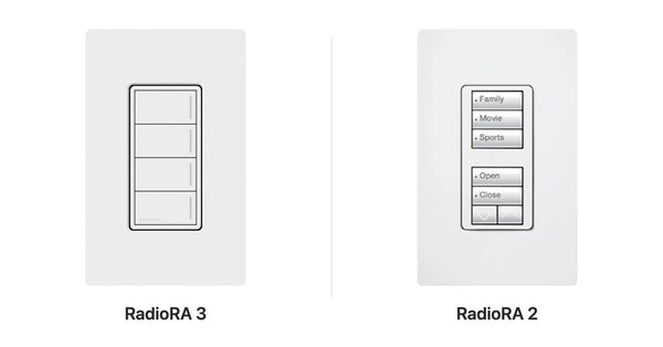 Lutron RadioRA 3 Sunnata four-button keypad and RadioRA 2 seeTouch engraved keypad side by side