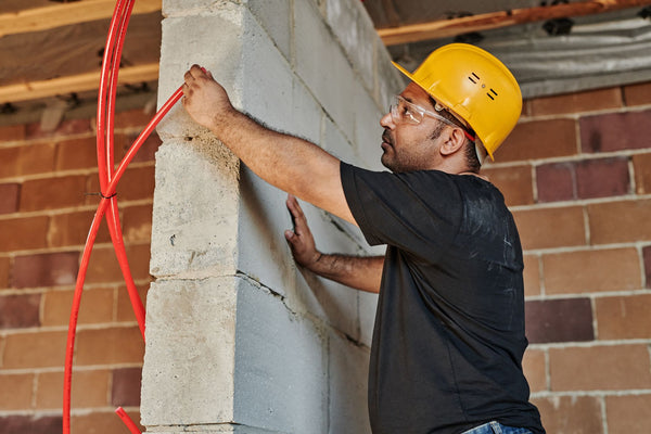 Electrician in a hard hat routing red conduit along a block wall