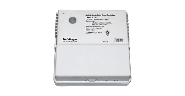 Wattstopper LMRC-211 digital single relay room controller, white housing with its printed ratings label