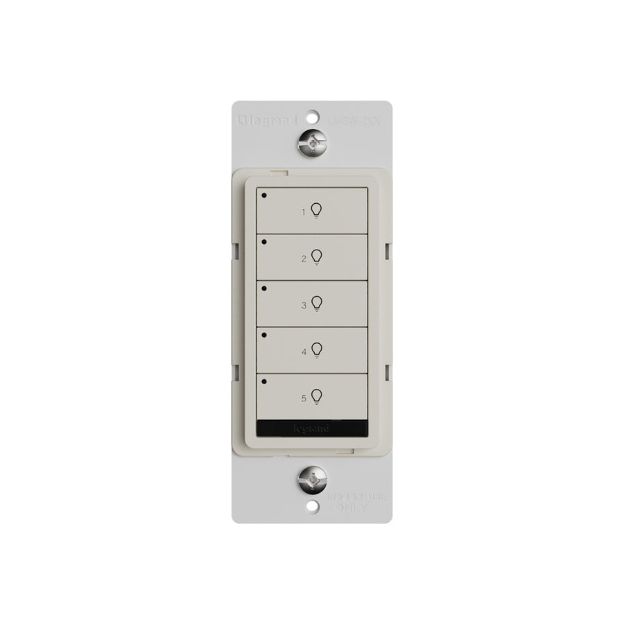 Wattstopper LMSW-250-LA DLM wired standard wall switch in light almond, with five buttons.