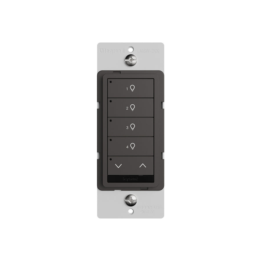 Wattstopper LMSW-241-BR DLM wired standard wall switch in brown, with four buttons with a dimming rocker.
