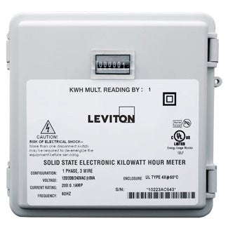 Leviton Mini Meter in Small NEMA 4X Enclosures, 120/240V, 2PH, 3W, 200:0.1A, 1 kWh Resolution, Mechanical Counters, 6S201-B02