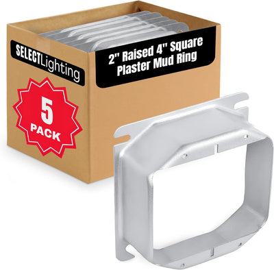 Select 5 Pack 2-Inch Raised 4-Inch Square (4S) Two Gang Plaster Ring with Angled Slots, Mud Ring for Wiring Connections, Housing Receptacles & Switches