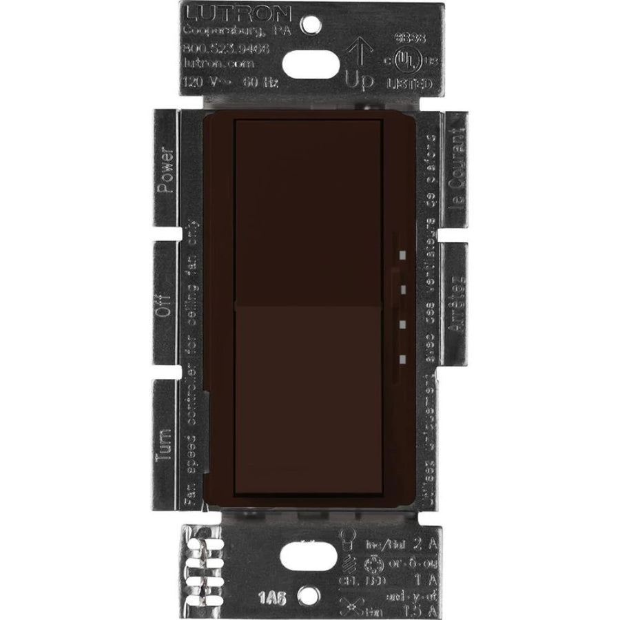 Lutron Diva 3-Speed Fan Control and On/Off Light Switch, 1.5A Fan, 1A LED, Single Pole/3-Way, No Neutral Required, 120V, DVFSQ-LF-BR, Brown