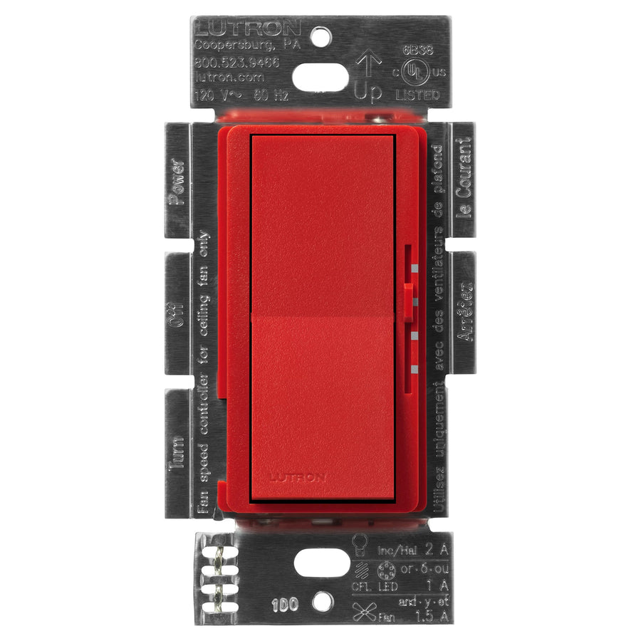 Lutron Diva 3-Speed Fan/Light Switch, Single-Pole/3-Way, 1.5A Fan, Signal Red, DVSCFSQ-LF-SR