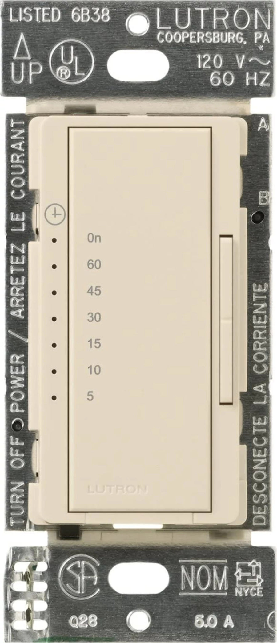 Lutron Maestro Countdown Timer, 5A, 5–60 Min., 120V, Light Almond, MA-T51MN-LA