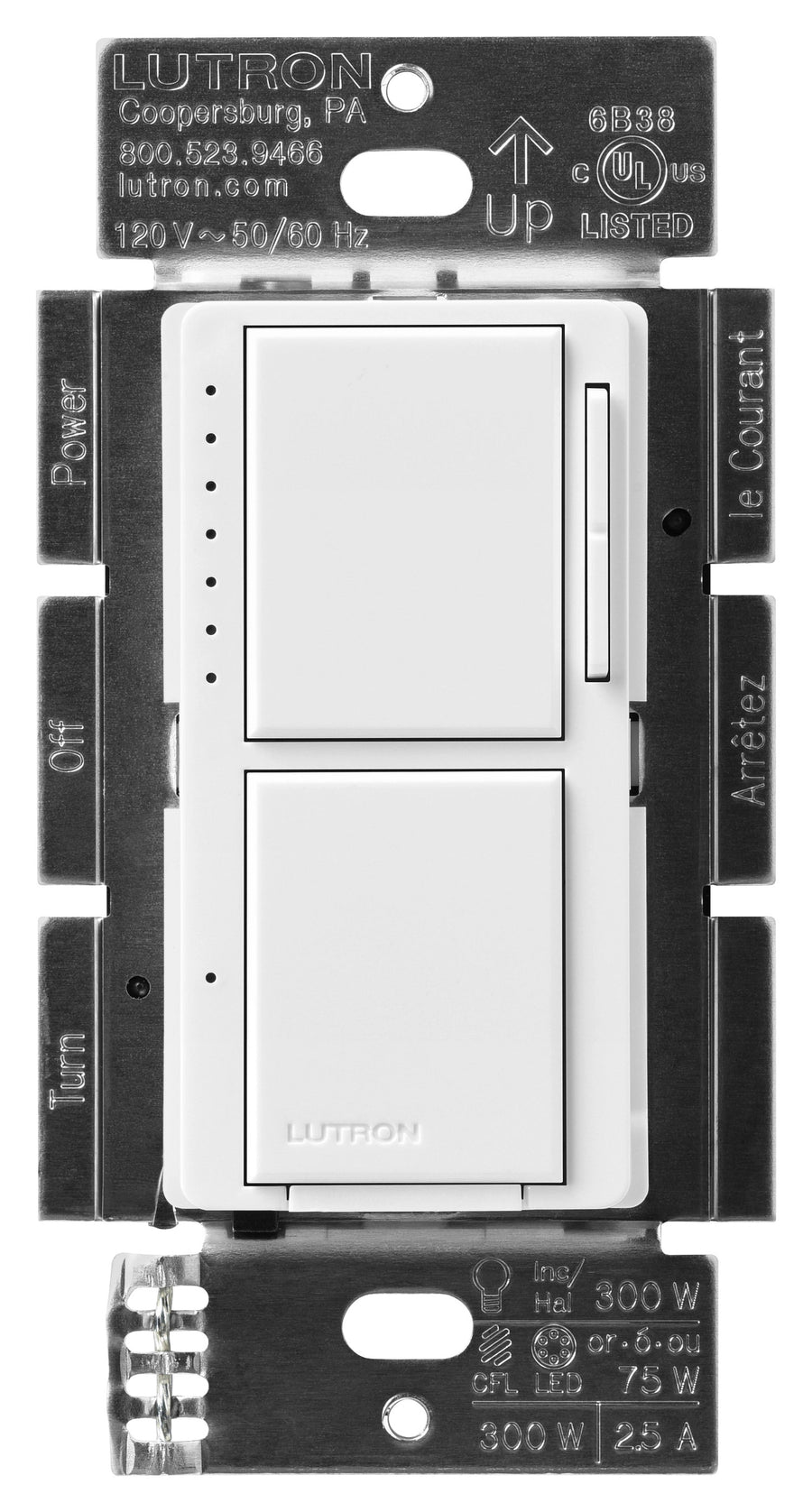 Lutron Maestro LED+ Dual Dimmer/Switch, 75W, Dimmable, White, MACL-L3S25-WH