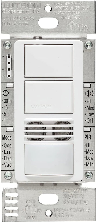 Lutron Maestro Dual Circuit Dual-Tech Motion Sensor Switch, 6A, 120-277V, Single Pole, Ground or Neutral Required, MS-A202-WH, White