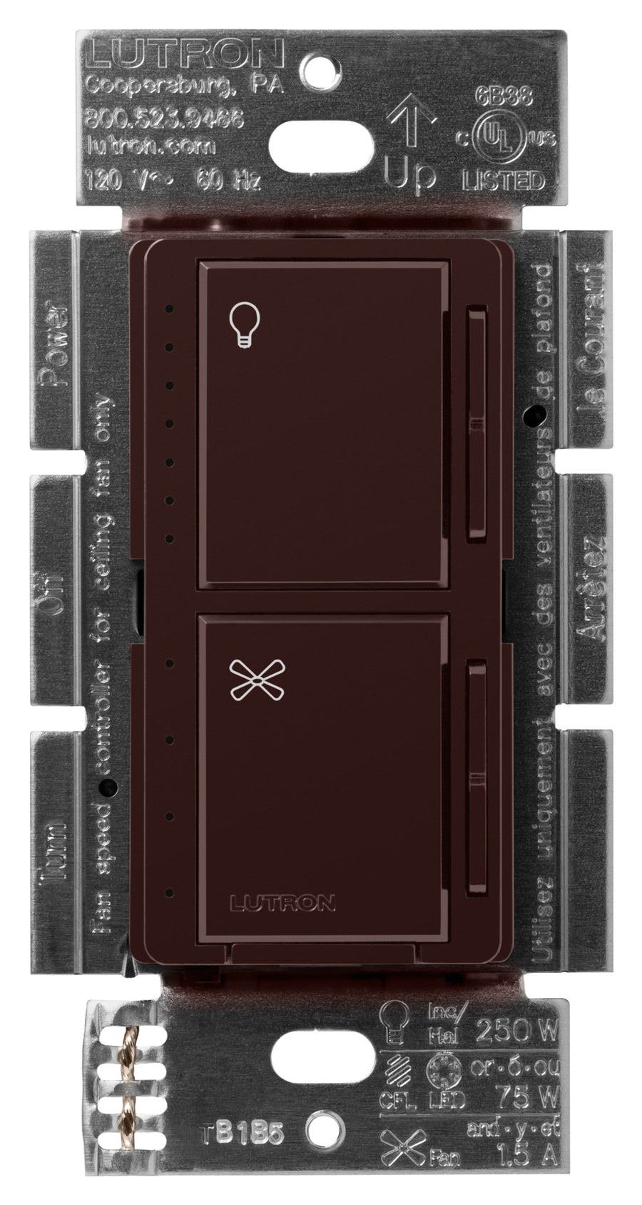 Lutron Maestro Dual LED+ Dimmer and 4-Speed Fan Control, No Neutral Required, 1.5A Fan, 75W LED Light, 120V, Single Pole, MACL-LFQ-BR, Brown