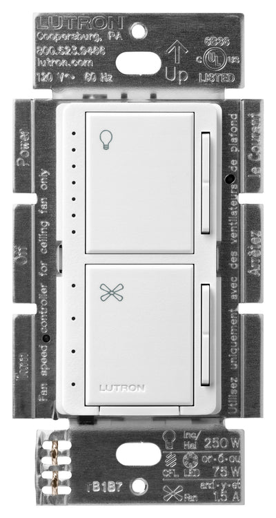 Lutron Maestro Dual LED+ Dimmer and 4-Speed Fan Control, No Neutral Required, 1.5A Fan, 75W LED Light, 120V, Single Pole, MACL-LFQ-SW, Snow