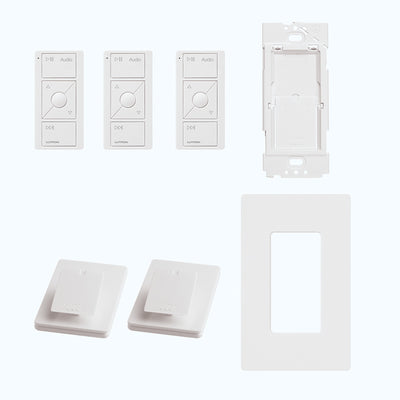 Lutron Caseta Audio Kit: Includes Smart Hub PRO, 3 Pico Remotes w/ Audio Icons, 2 Pedestals, and Wall Adapter w/ Wall Plate, P-BDGPRO-PKG3AW, White
