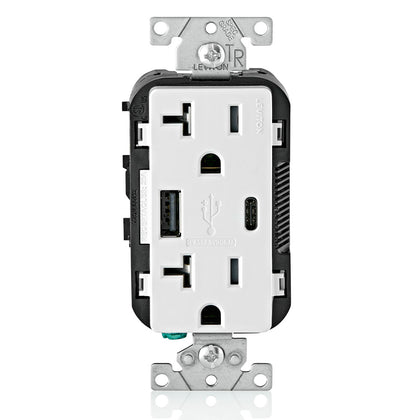 Leviton Combination Duplex Receptacle/Outlet and USB Charger. 20 Amp, amper-Resistant Receptacles, T5833-W