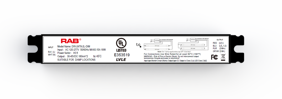 RAB Lighting Dimmable LED Driver for T8 Tubes, 0-10V, Class 2, 1-2 Lamp, DRI-24T8-2L-DIM