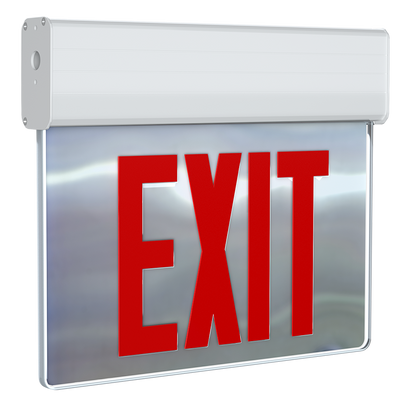RAB Lighting EXITEDGE NY Exit Sign, 2-Face, Emergency Battery, Red Letters, Mirror Panel, White Housing, Self-Test, EXITEDGE-MPWSNY/E