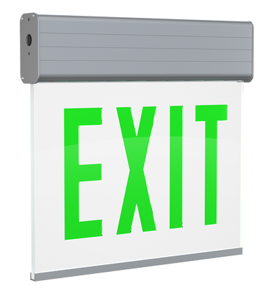 RAB Lighting Edgelit LED Exit Sign, Single Face, Battery Backup, Green Letters, Clear / Aluminum, 120/277, EXITEDGE-1G-E