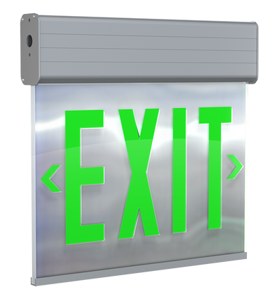 RAB Lighting EXITEDGE Exit Sign, 2-Face, Emergency, Self-Test, Green Letters, Mirror Panel, Aluminum Housing