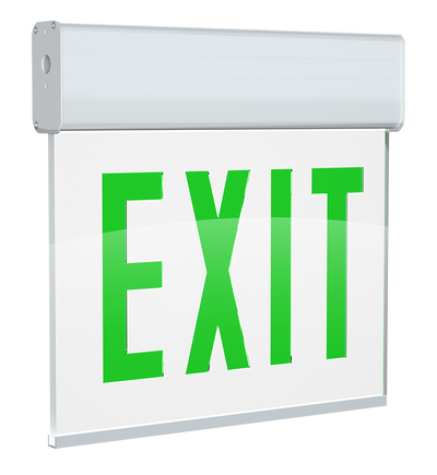 RAB Lighting Edgelit LED Exit Sign, Single Face, Battery Backup, Green Letters, Clear / White, 120/277, EXITEDGE-1GW-E