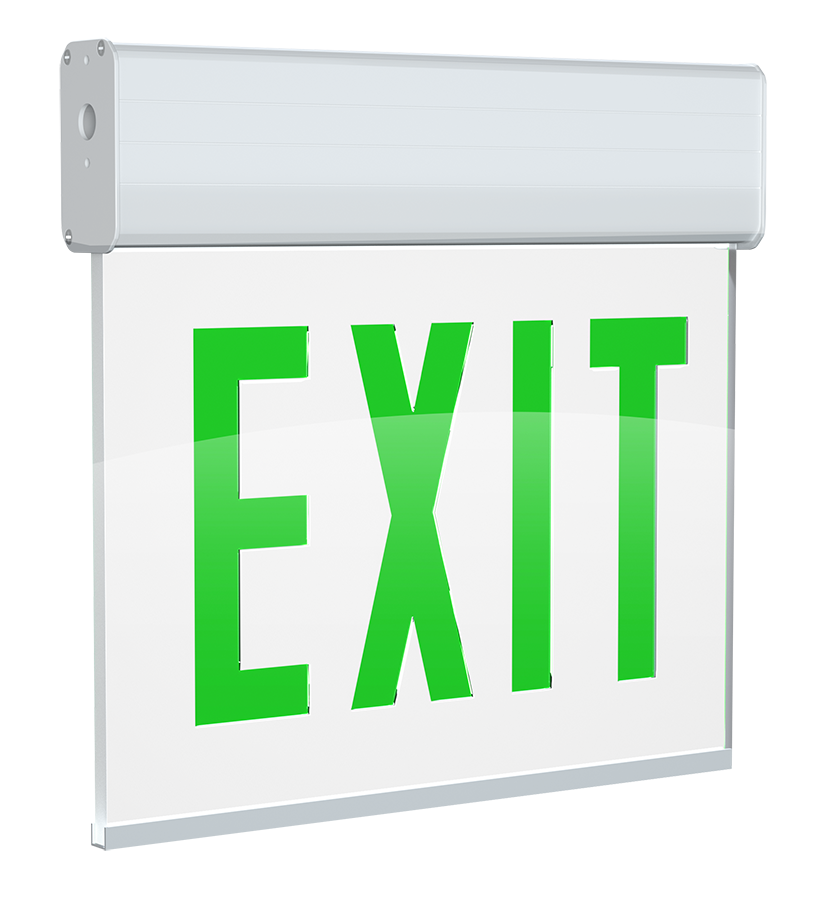RAB Lighting Edgelit LED Exit Sign, Single Face, Battery Backup, Green Letters, Clear / White, 120/277, EXITEDGE-1GW-E