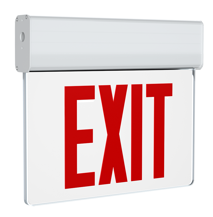 RAB Lighting Edgelit LED Exit Sign, Single Face, Battery Backup, Red Letters, Clear / White, 120/277, EXITEDGE-1W-E