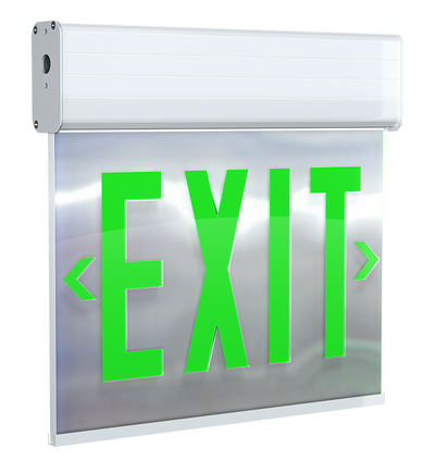 RAB Lighting Edgelit LED Exit Sign, Single Face, Battery Backup, Green Letters, Mirror / White, 120/277, EXITEDGE-1GMPW-E