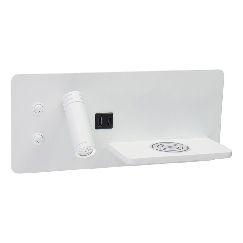 Westgate Mfg Bedside Reading Light Surface Horizontal, 10W, 3000K, CRI 90, USB/Wireless Charger, White, BRL-SHL-WCH-WH