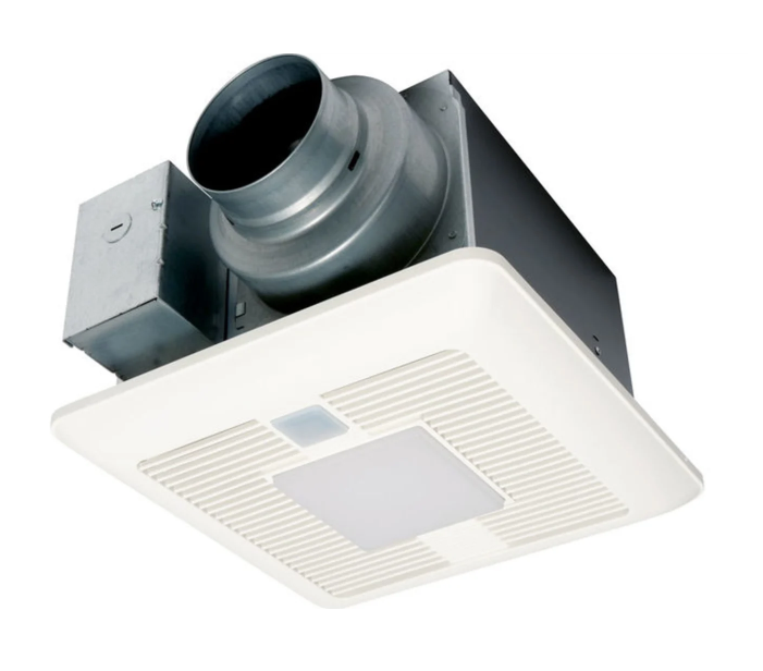 Panasonic FV-0511VQCL1 Fan/LED light with ECM Motor and Pick-A-Flow 50, 80 or 110 CFM, built-in dual motion and humidity sensors.
(LED chip an incorporates night light).