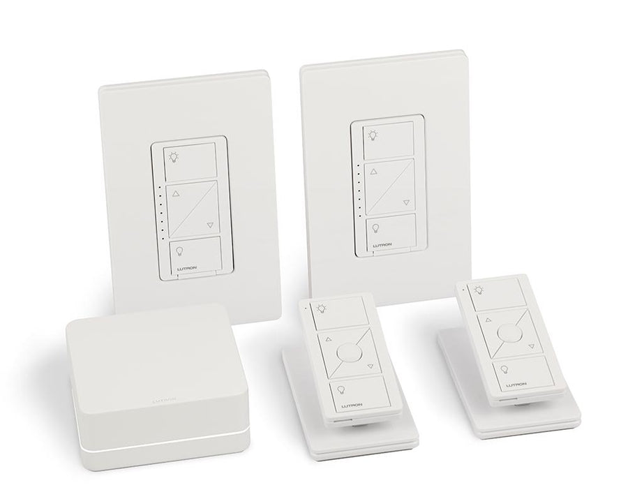 Lutron Caseta Smart Dimmer Switch Kit: Includes Smart Hub, 2 Original In-Wall Dimmers, 2 Pico Remotes, 2 Pedestals, and More, P-BDG-PKG2W, White
