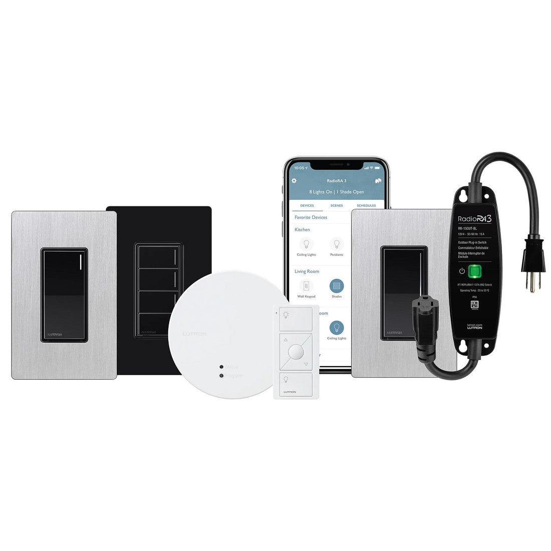 Lutron RadioRA 3 components: the RR-PROC3 processor, two wall controls, a PoE injector and the app on a phone