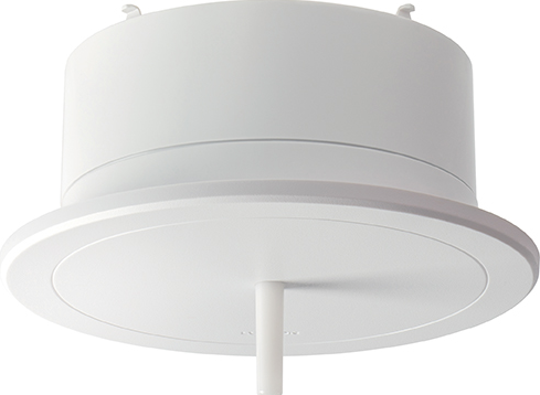 Lutron Vive HJS-0-FM wireless hub, a white cylindrical unit with a flush-mount ring and lead