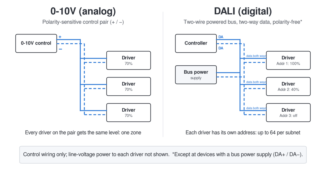 Side-by-side control wiring: 0-10V uses a polarity-sensitive control pair so every driver gets the same level; DALI uses a powered two-wire bus with two-way data and an address for each driver.