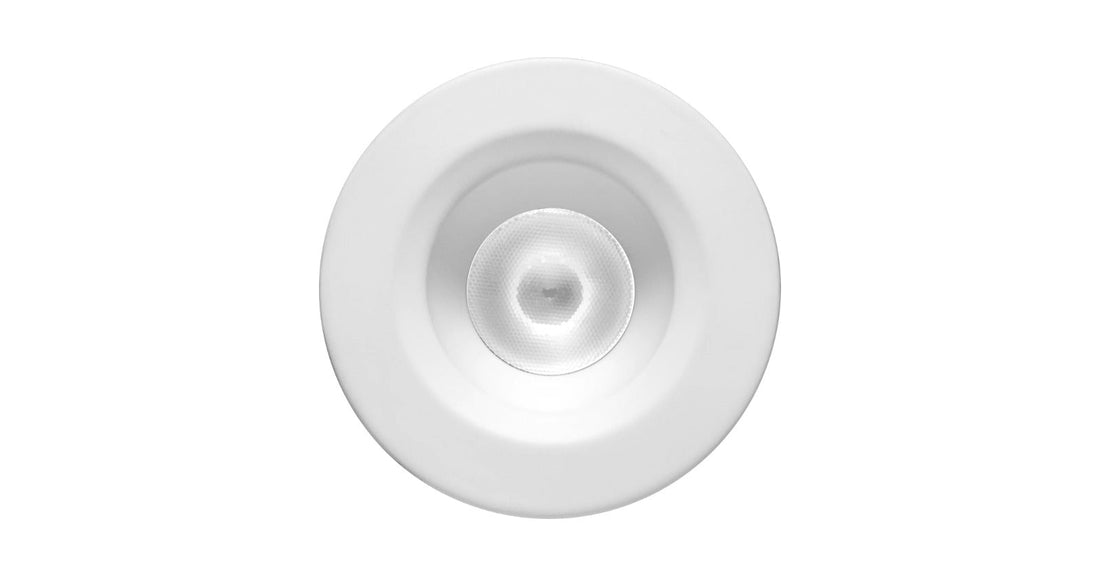 Elco Oak series round recessed downlight in white, viewed face on with the reflector visible