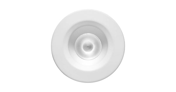 Elco Oak series round recessed downlight in white, viewed face on with the reflector visible