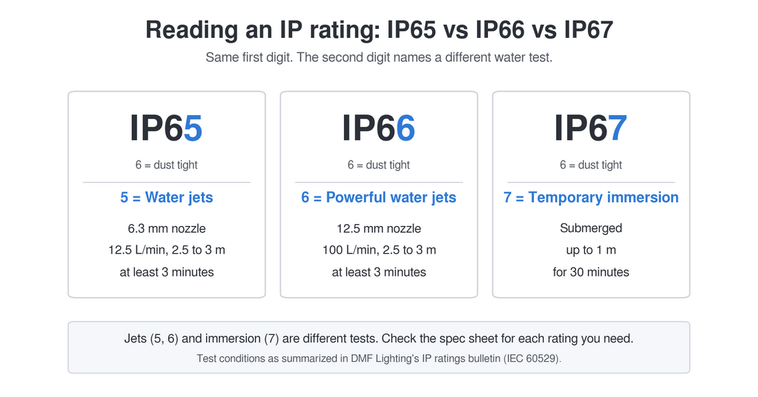 IP65, IP66 and IP67 compared: all dust tight; 5 is a water-jet test, 6 a powerful water-jet test, and 7 temporary immersion up to 1 m for 30 minutes.