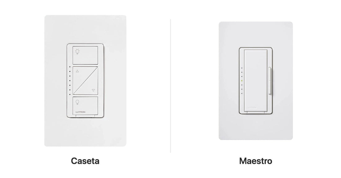 Lutron Caseta smart dimmer and Maestro dimmer side by side, both white with wallplates