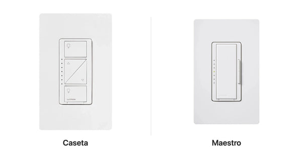 Lutron Caseta smart dimmer and Maestro dimmer side by side, both white with wallplates
