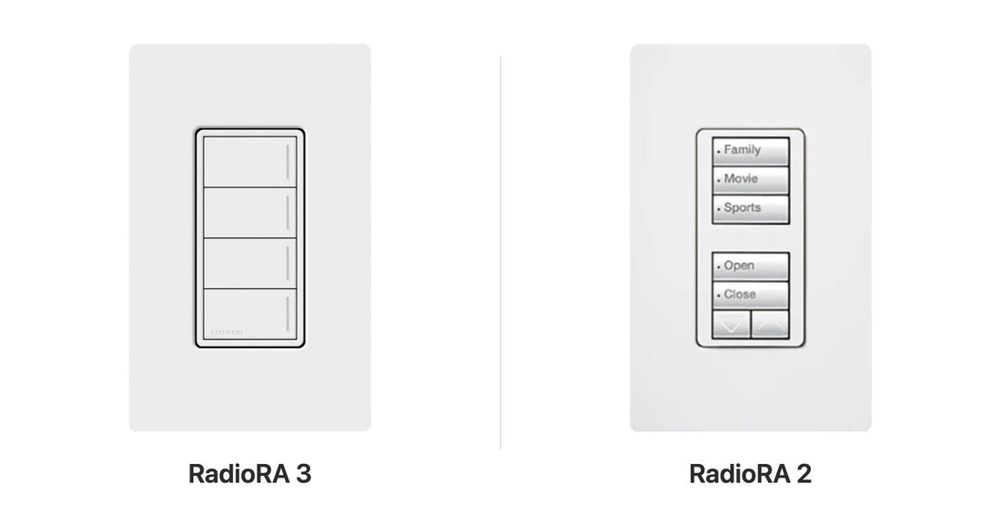 Lutron RadioRA 3 Sunnata four-button keypad and RadioRA 2 seeTouch engraved keypad side by side