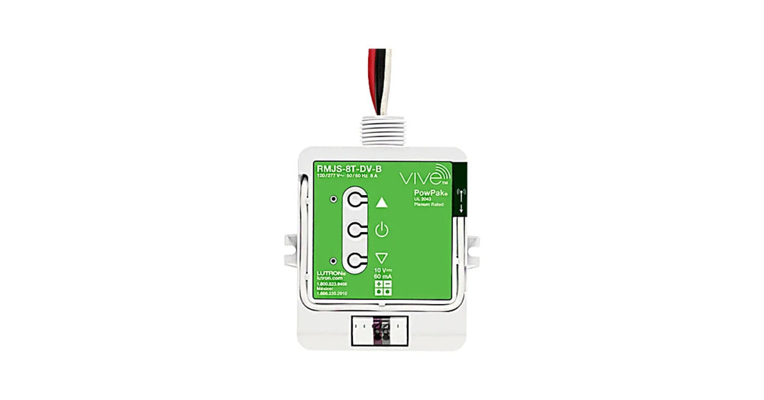 Lutron PowPak RMJS-8T-DV-B dimming module, a green circuit module in a white housing with a wiring pigtail