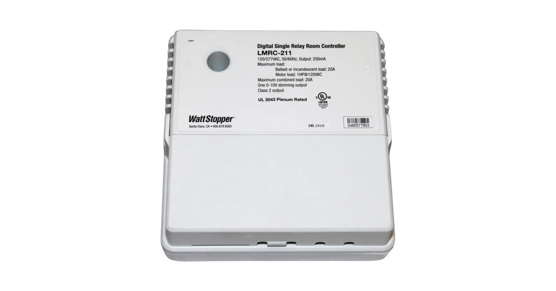 Wattstopper LMRC-211 digital single relay room controller, white housing with its printed ratings label