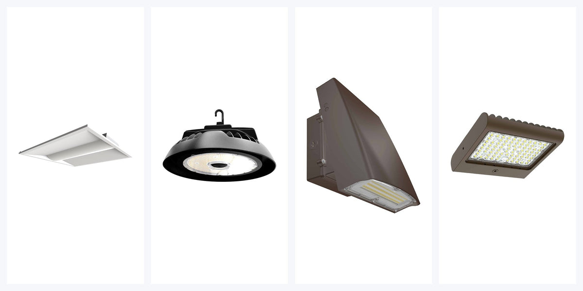 Commercial LED light fixtures: recessed troffer, UFO high bay, wall pack and flood/area light