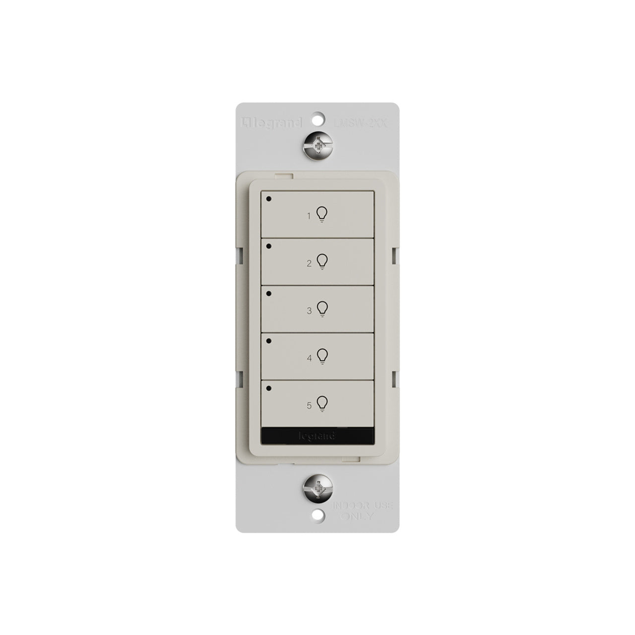 Wattstopper LMSW-250-LA DLM wired standard wall switch in light almond, with five buttons.