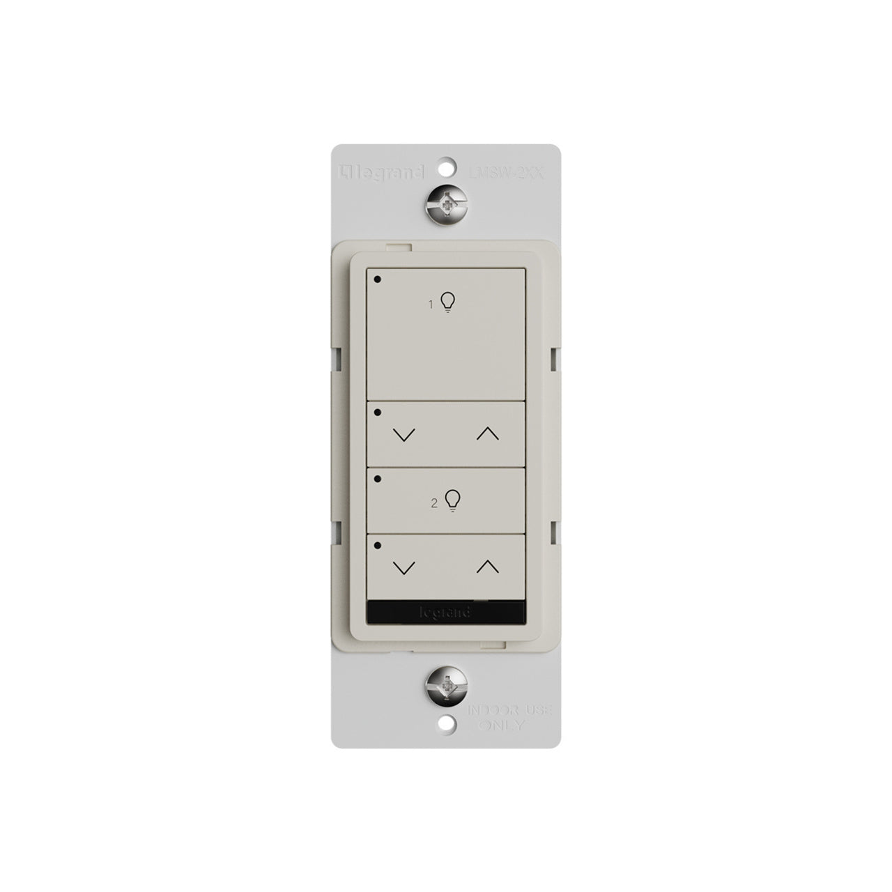 Wattstopper LMSW-222-LA DLM wired standard wall switch in light almond, with two buttons with two dimming rockers.