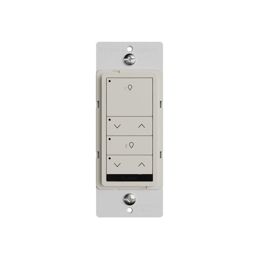 Wattstopper LMSW-222-LA DLM wired standard wall switch in light almond, with two buttons with two dimming rockers.