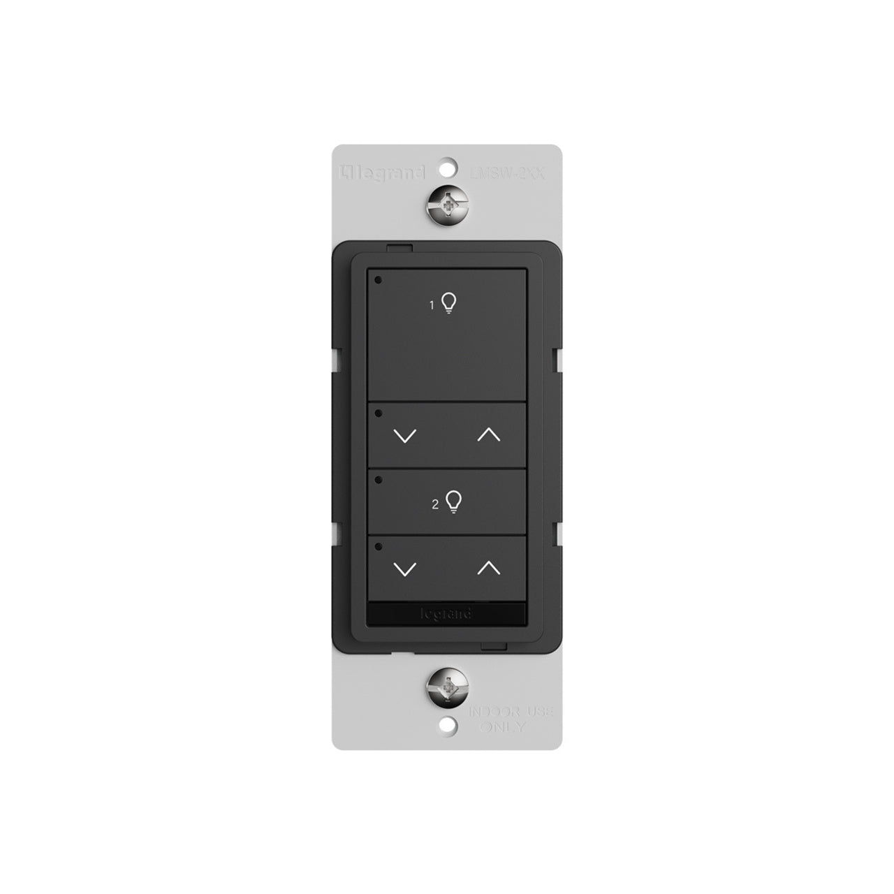 Wattstopper LMSW-222-BK DLM wired standard wall switch in black, with two buttons with two dimming rockers.