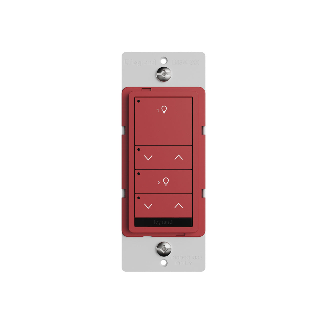 Wattstopper LMSW-222-RED DLM wired standard wall switch in red, with two buttons with two dimming rockers.
