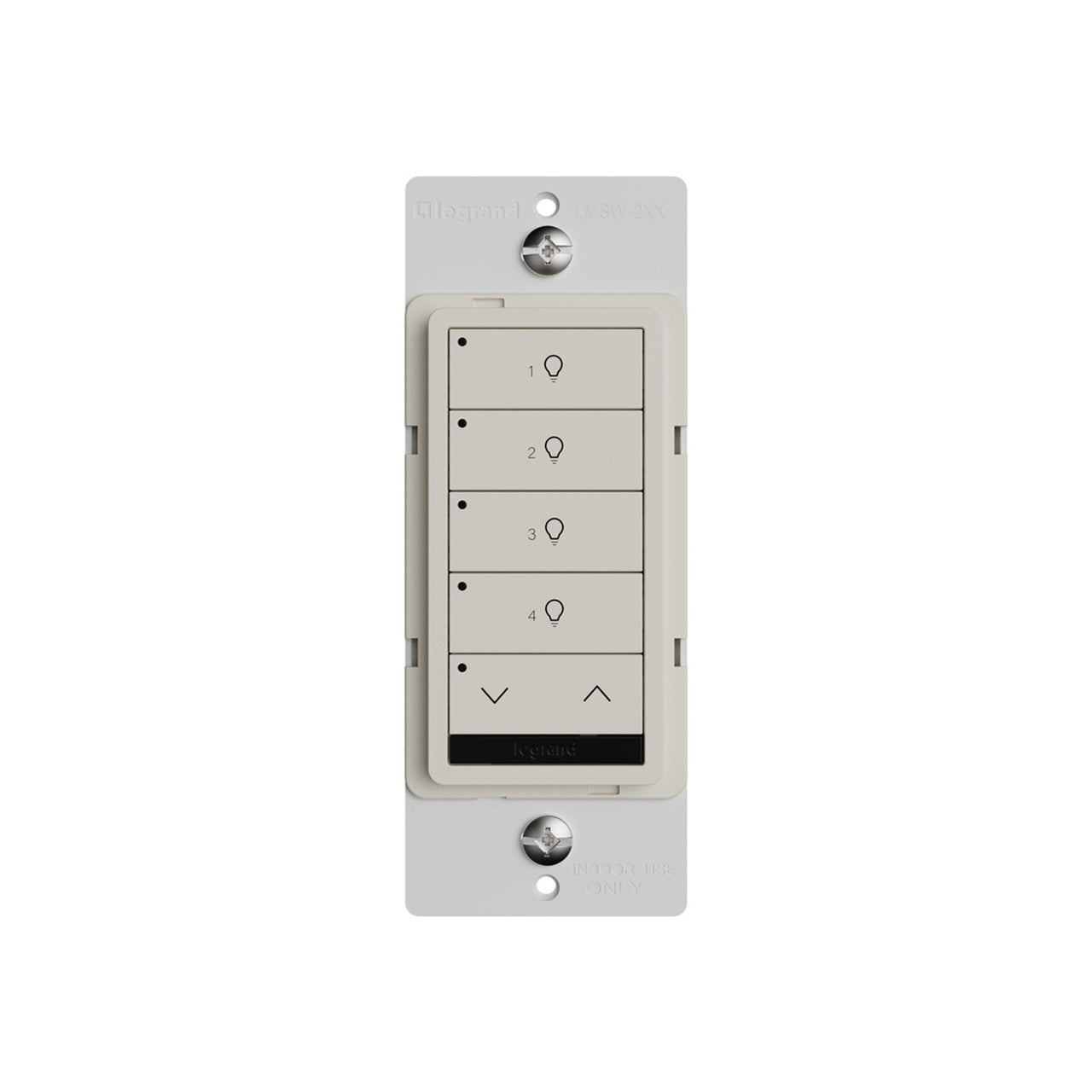 Wattstopper LMSW-241-LA DLM wired standard wall switch in light almond, with four buttons with a dimming rocker.