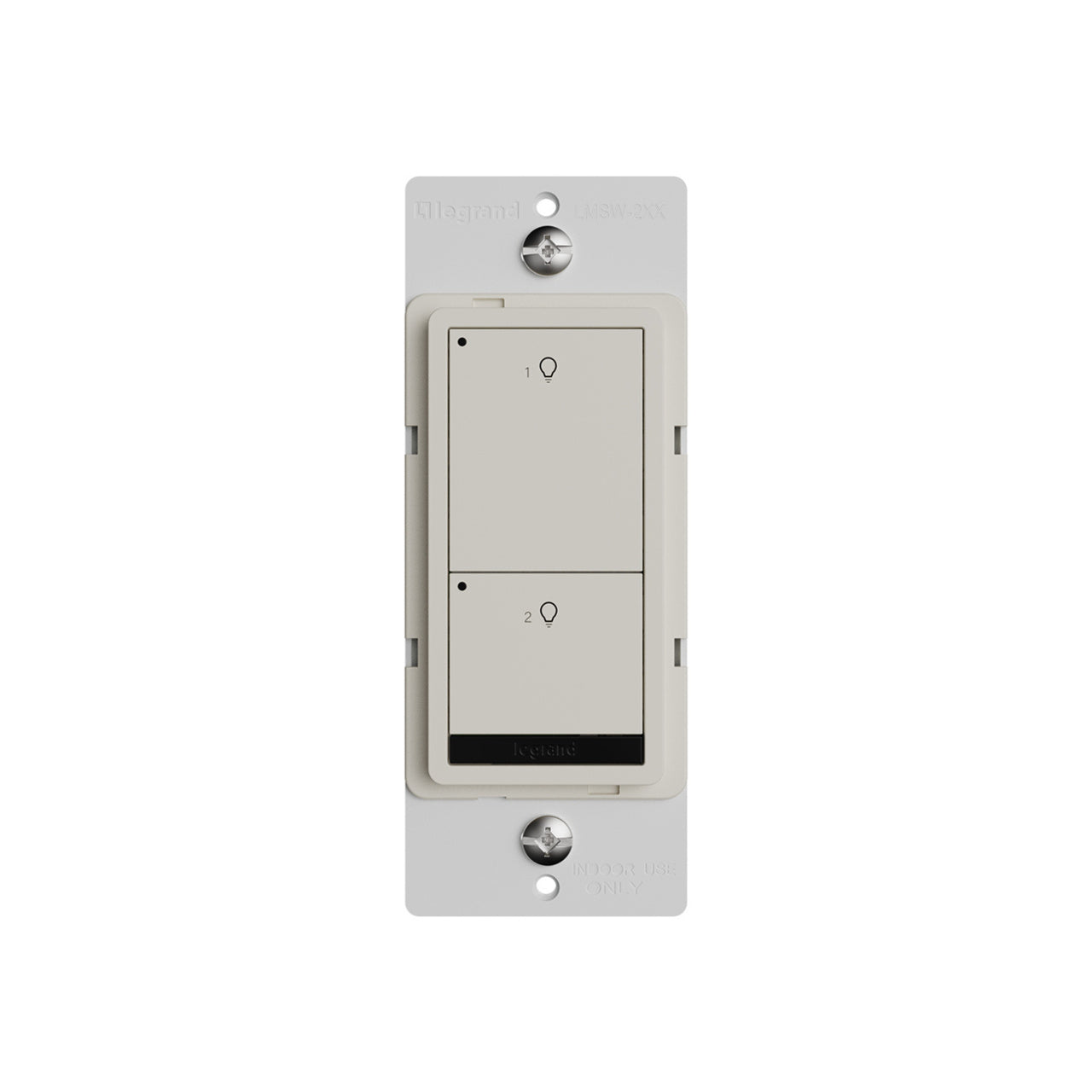 Wattstopper LMSW-220-LA DLM wired standard wall switch in light almond, with two buttons.