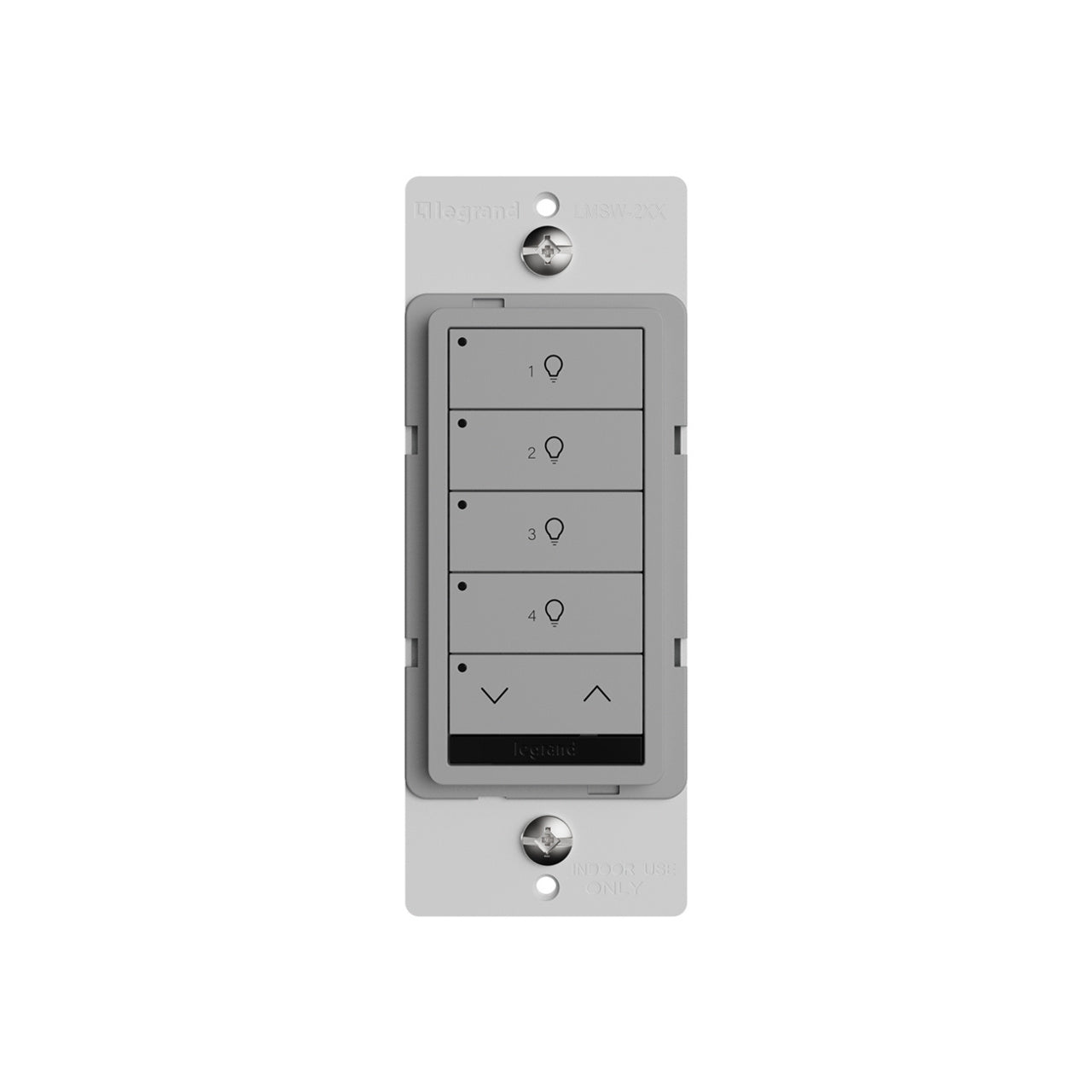 Wattstopper LMSW-241-GRY DLM wired standard wall switch in gray, with four buttons with a dimming rocker.