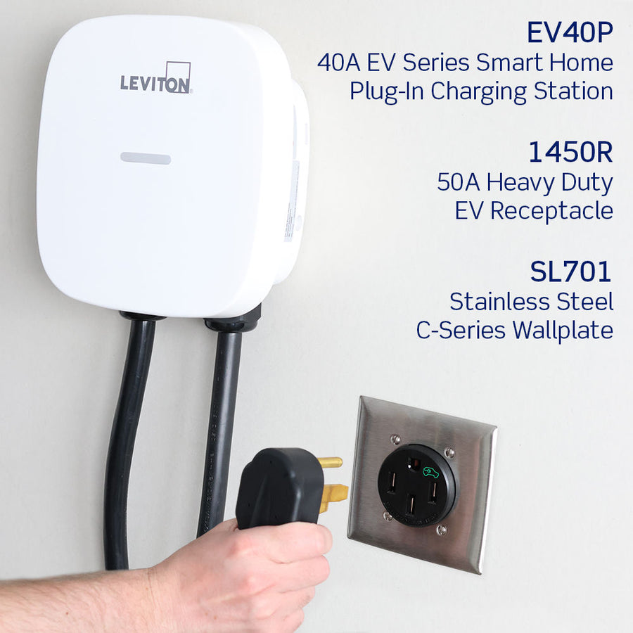 Leviton Level 2 Electric Vehicle Charging Station With Wi-Fi, Works with My Leviton App, Plug-In, 40A Max Output - 25ft Cable - 208-240V, EV40P
