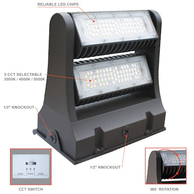Envision LED Rotating Wall Pack, R-Line, 3CCT Selectable 30k/40k/50k, Bronze, LED-WPROT2-60WD-TRI-BZ