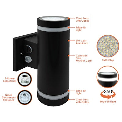 Envision LED 3" Edge-Lit Cylinder Up/Down Light, M-Line, 3CCT Selectable 30k/40k/50k, Black , LED-CYE-UD-3-3P30-TRI-BL-PC